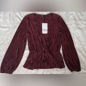 Zara Women's Deep Red-Brown Pleated Blouse